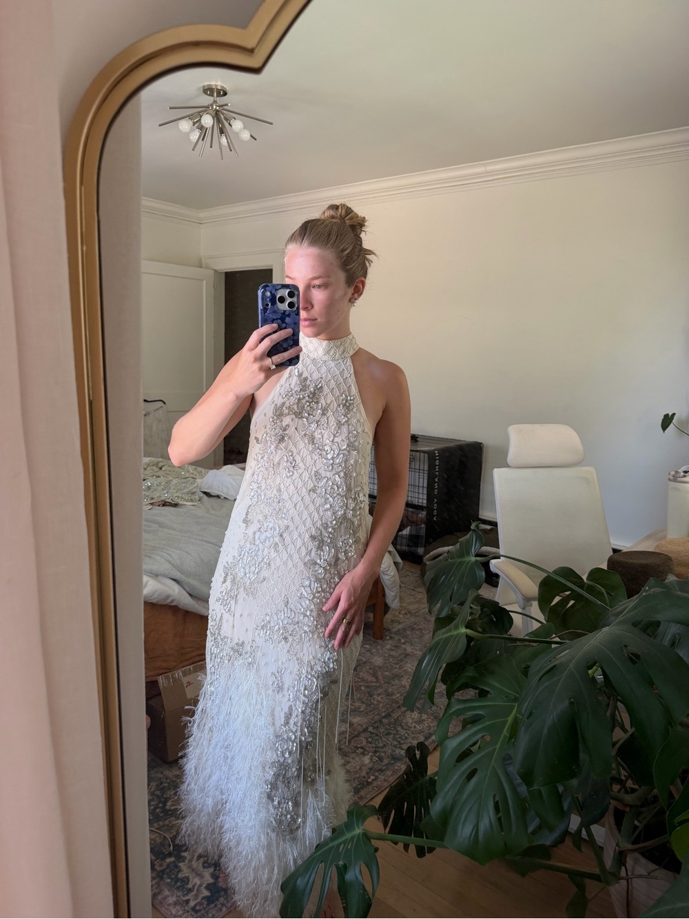 ASOS DESIGN floral embellished halter maxi wedding dress with fringe hem